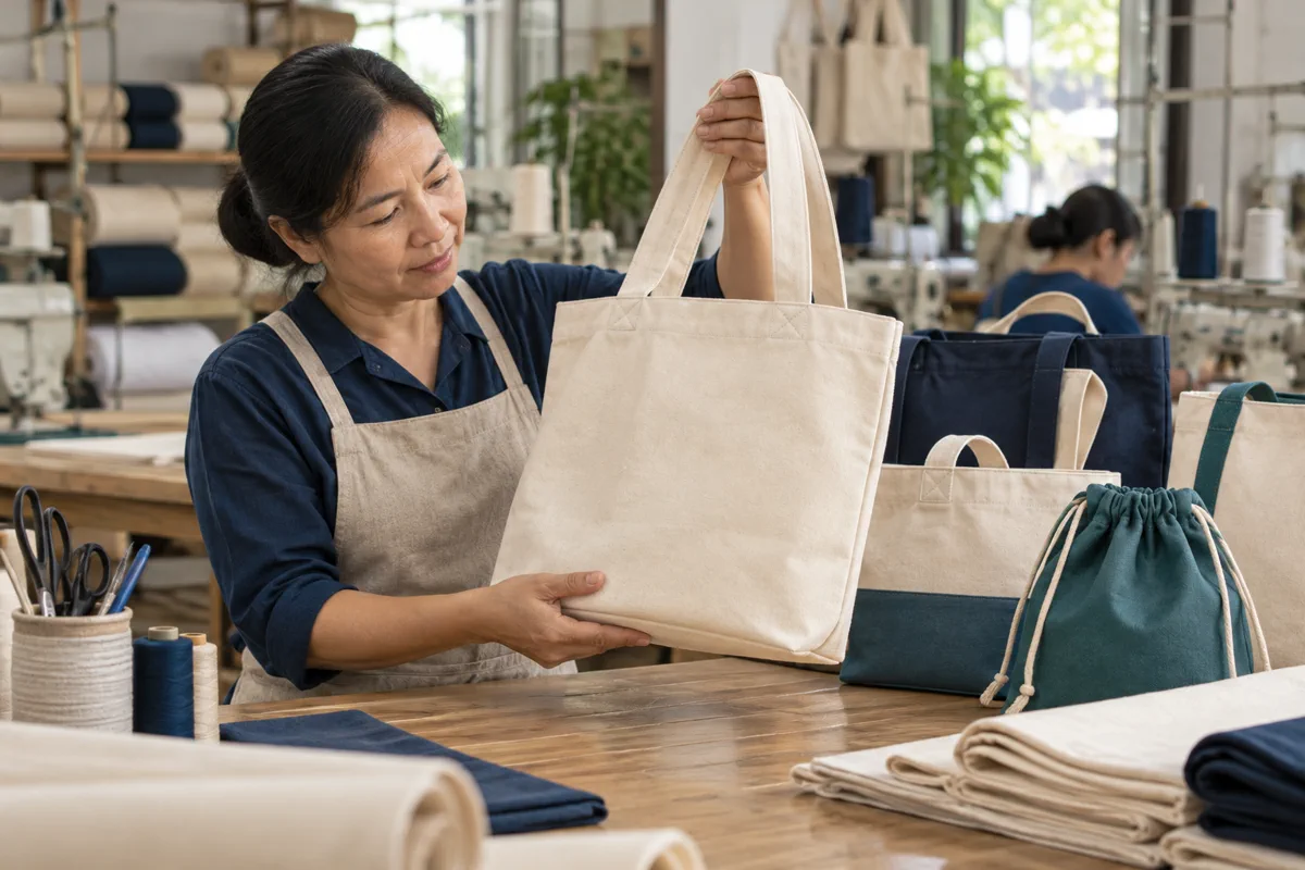 Thợ may kiểm tra chất lượng túi vải canvas tại xưởng Phương Nam