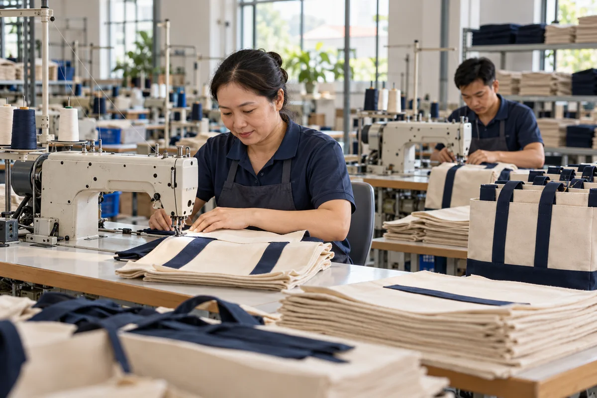 Thợ lành nghề vận hành máy may công nghiệp trong xưởng sản xuất túi vải