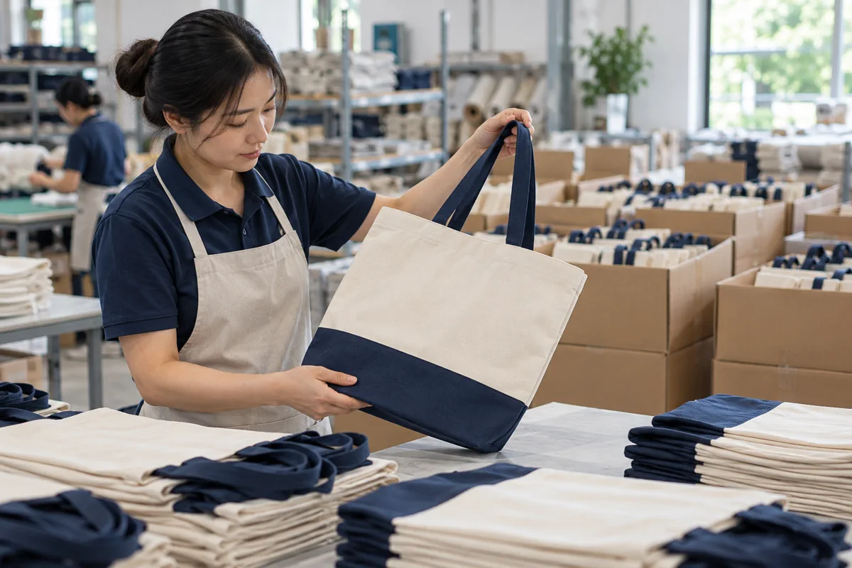 Nhân viên kiểm tra túi vải thành phẩm trước khi đóng gói giao doanh nghiệp